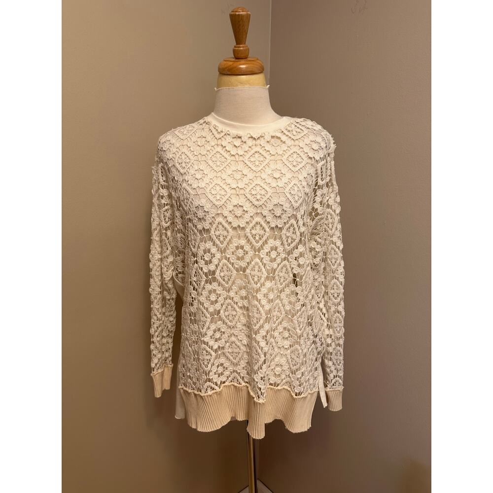 4 Love and Liberty Johnny Was Crocheted Lace Front Long sleeve Tee Cream Sz M